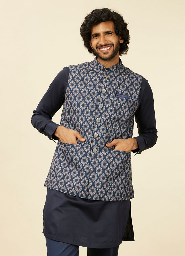 alt message - Manyavar Men Dark Blue Medallion Printed Nehru Jacket image number 0